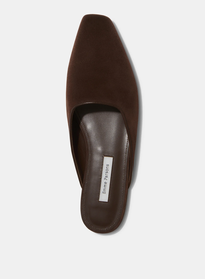 Emme Parsons Shoe Flat Mule, Espresso Suede Soho-Boutique