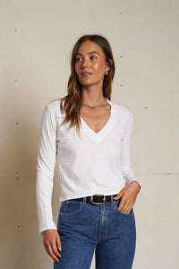 perfectwhitetee Top Fiona Long Sleeve V neck, White Soho-Boutique