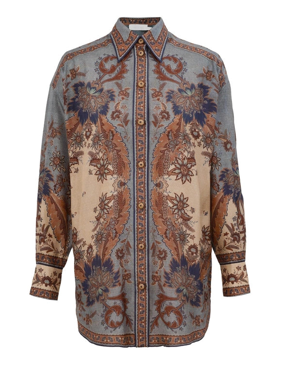 Zimmermann Blouse Ascension Manstyle Shirt, Blue/Cream Indienne Floral Soho-Boutique