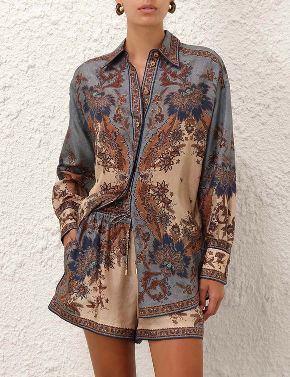 Zimmermann Blouse Ascension Manstyle Shirt, Blue/Cream Indienne Floral Soho-Boutique