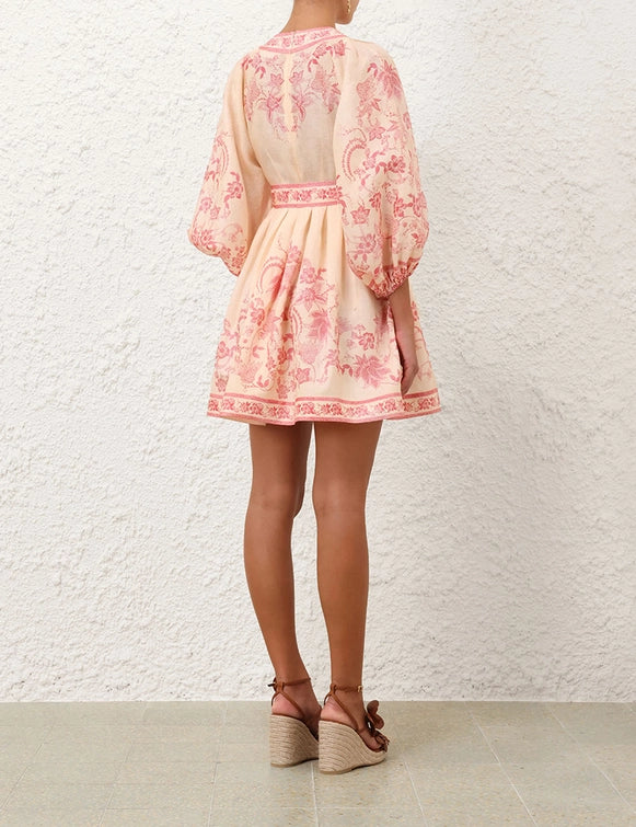 Zimmermann Dress Lucky Plunge Mini Dress, Cream/Pink Floral Soho-Boutique