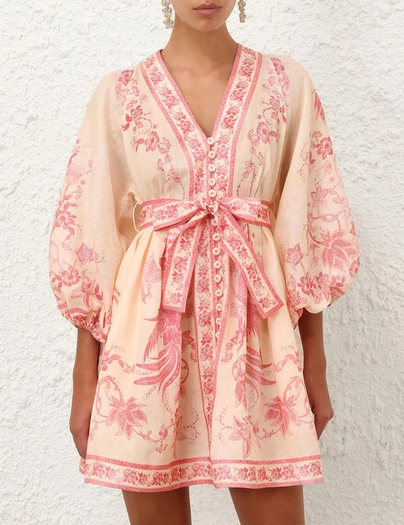 Zimmermann Dress Lucky Plunge Mini Dress, Cream/Pink Floral Soho-Boutique