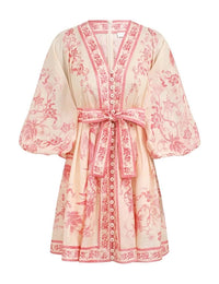 Zimmermann Dress Lucky Plunge Mini Dress, Cream/Pink Floral Soho-Boutique