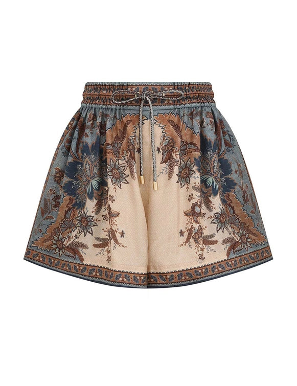 Zimmermann Shorts Ascension Relaxed Short, Blue/Cream Indienne Floral Soho-Boutique