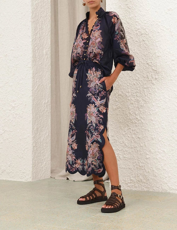 Zimmermann Skirt Rhiannon Scallop Midi Skirt, Navy Paisley Soho-Boutique