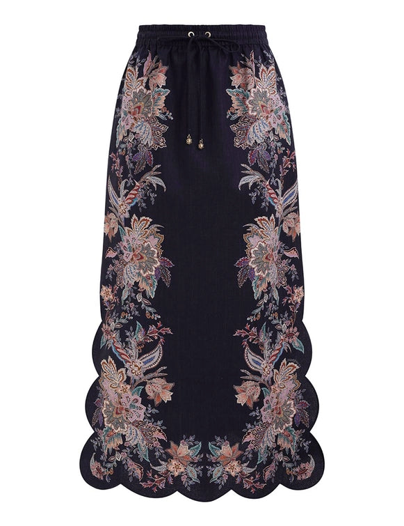 Rhiannon Scallop Midi Skirt, Navy Paisley – Soho Boutique
