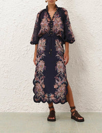 Zimmermann Skirt Rhiannon Scallop Midi Skirt, Navy Paisley Soho-Boutique