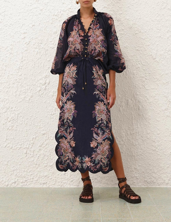 Zimmermann Skirt Rhiannon Scallop Midi Skirt, Navy Paisley Soho-Boutique
