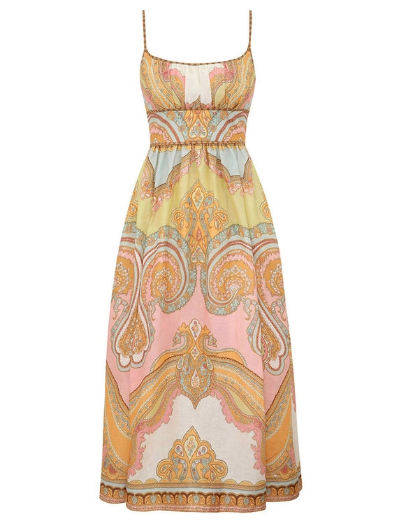 Maxine Picnic Midi Dress, Gold Paisley