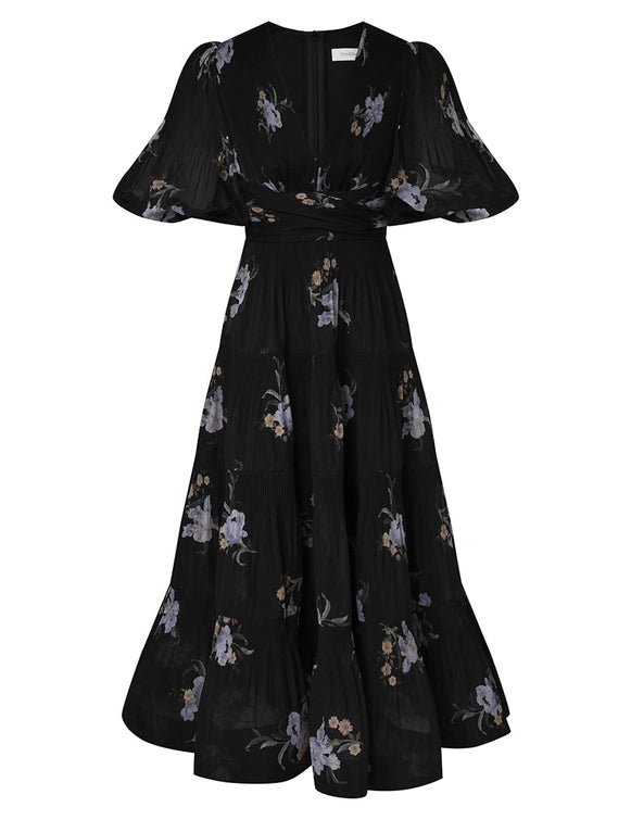 Pleated Midi Dress, Black Iris Floral