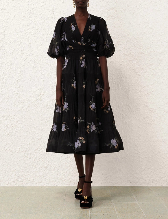 Pleated Midi Dress, Black Iris Floral