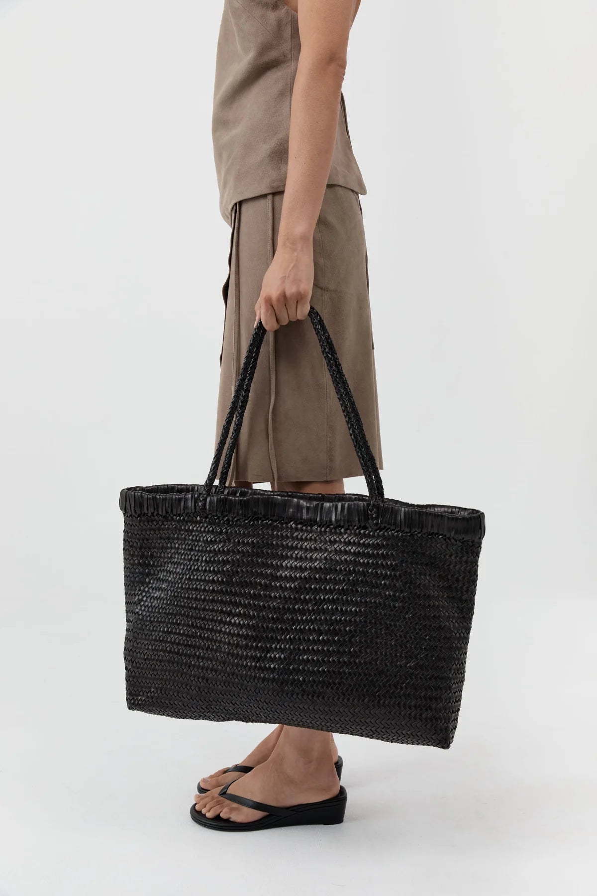 Wide Bagu Woven Tote, Black
