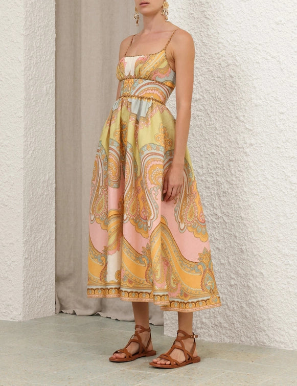 Maxine Picnic Midi Dress, Gold Paisley