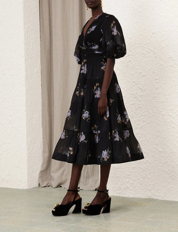 Pleated Midi Dress, Black Iris Floral