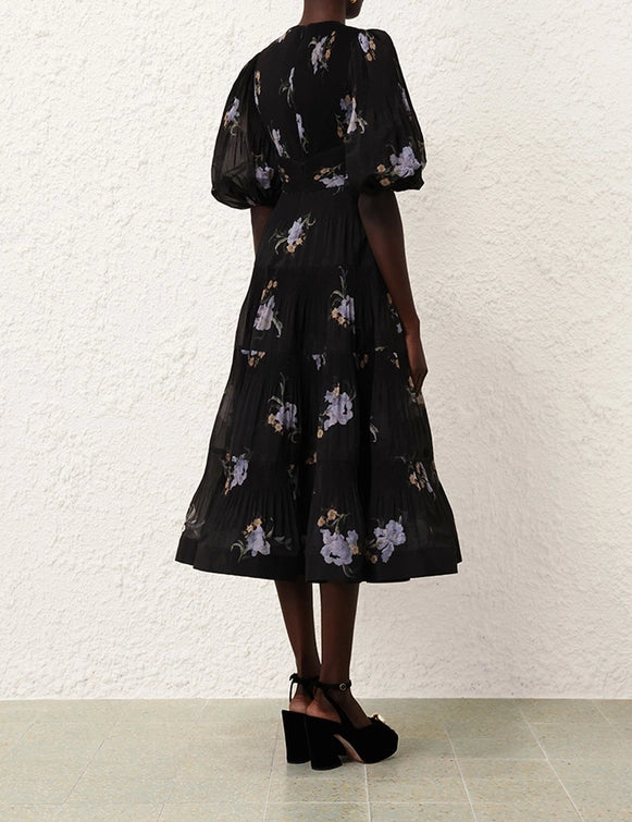 Pleated Midi Dress, Black Iris Floral