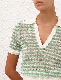 Everley Knit Polo Tee, Green Cream