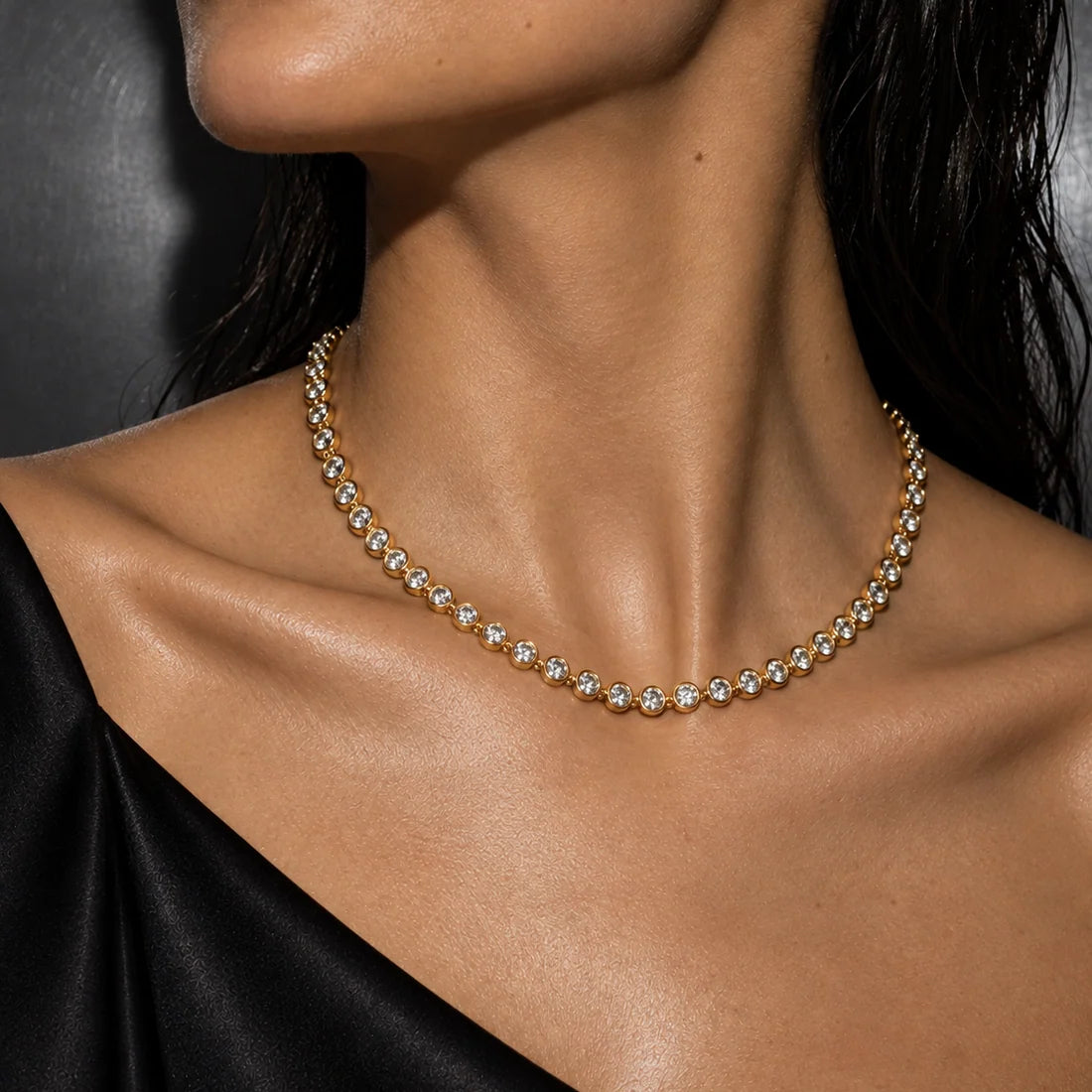 Caella Bezel Tennis Chain Necklace, Gold