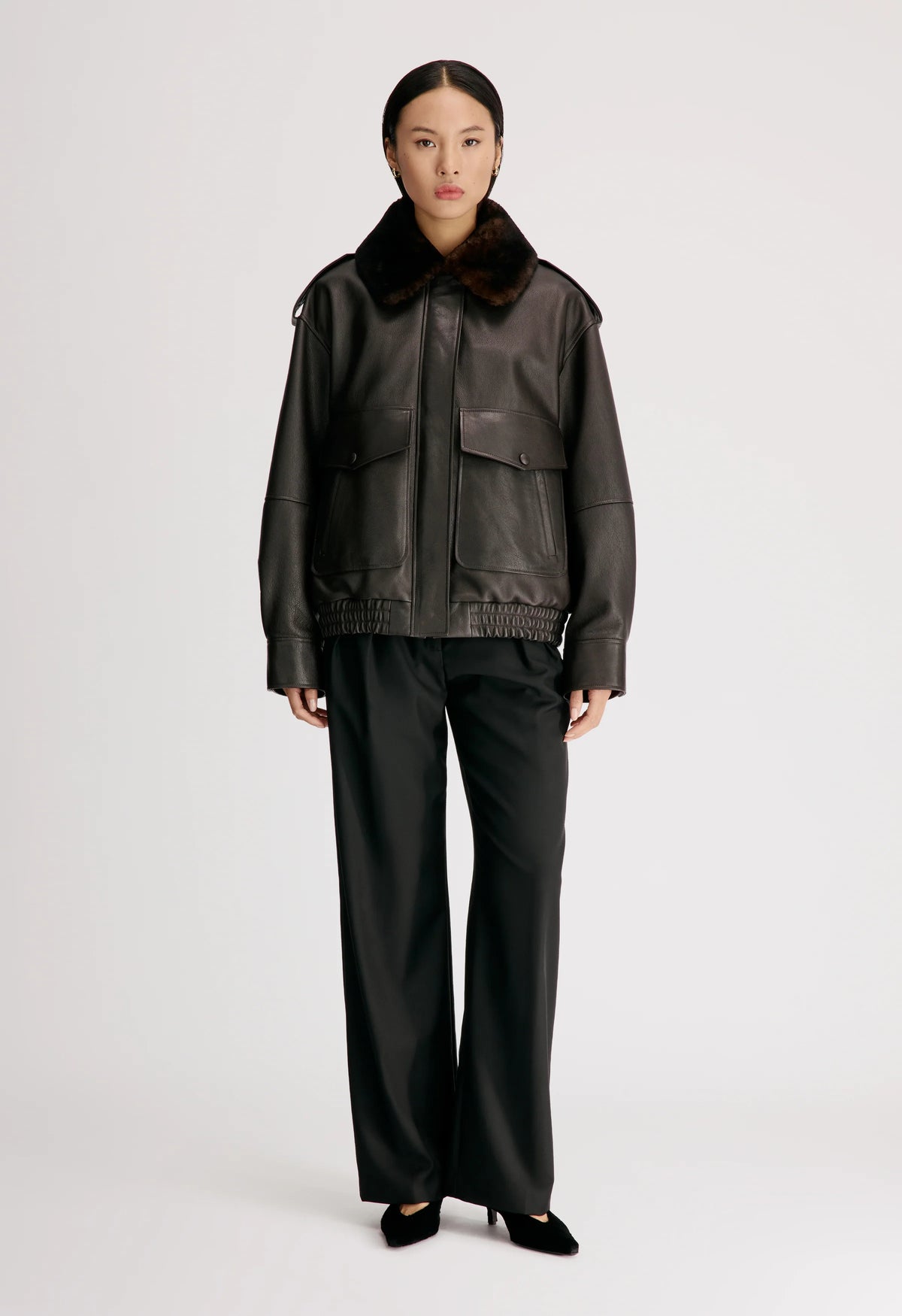 Russo Shearling Bomber Jacket, Coffee Dark Brown