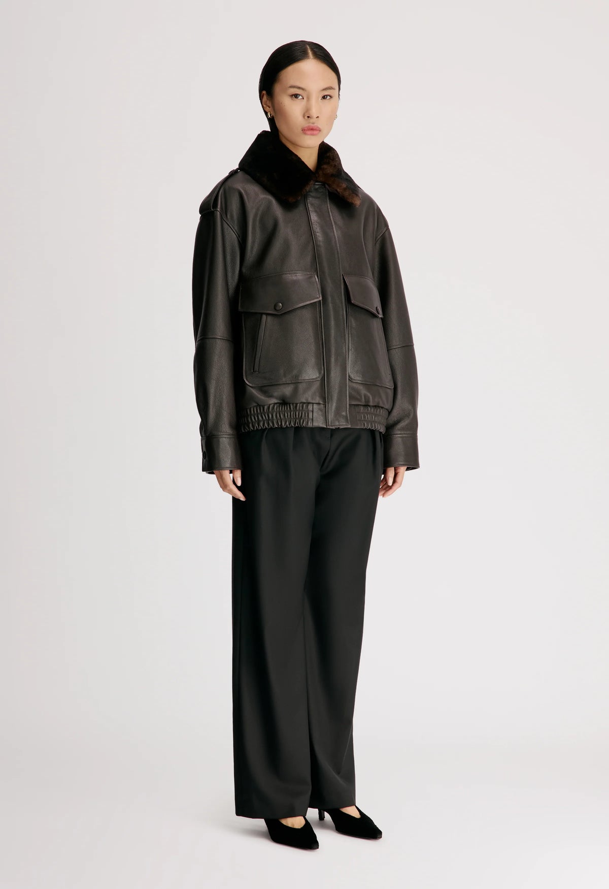 Russo Shearling Bomber Jacket, Coffee Dark Brown