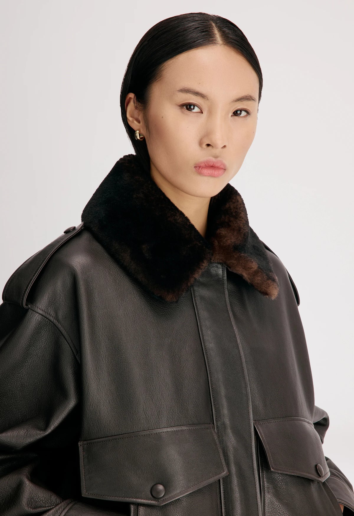 Russo Shearling Bomber Jacket, Coffee Dark Brown