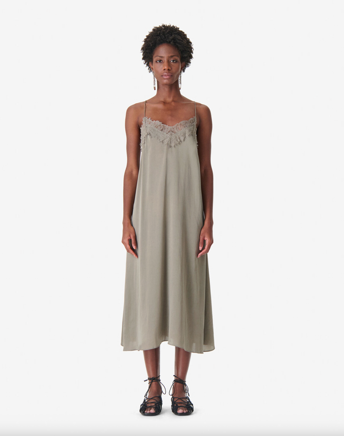 Bailer Long Silk Dress, Olive Green