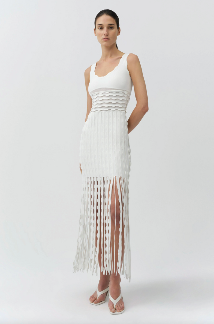 Brionne Scalloped Knit Midi Dress, Ivory