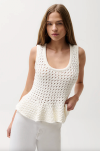 Anna Peplum Openwork Sweater Tank, White