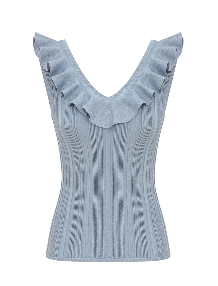 Aster Metallic Frill Top, Metallic Blue