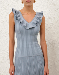Aster Metallic Frill Top, Metallic Blue