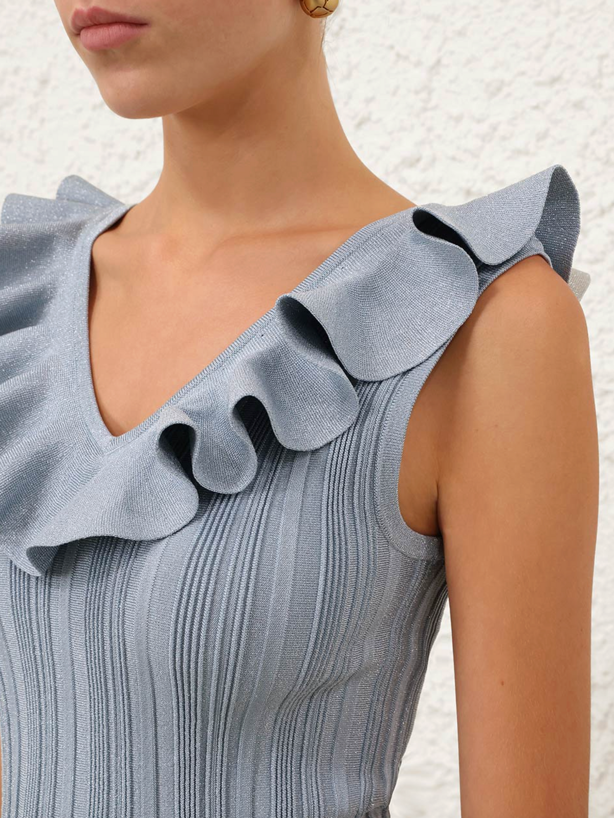Aster Metallic Frill Top, Metallic Blue