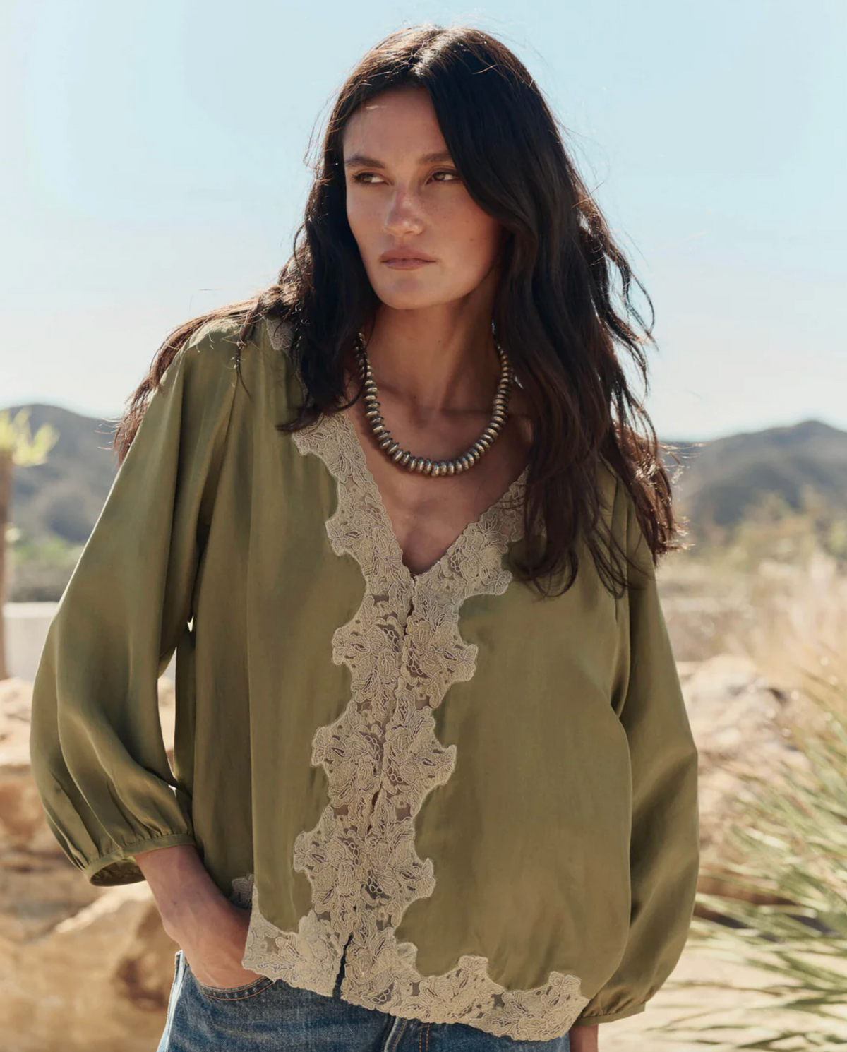 The Long Sleeve Legacy Top, Light Olive and Cream