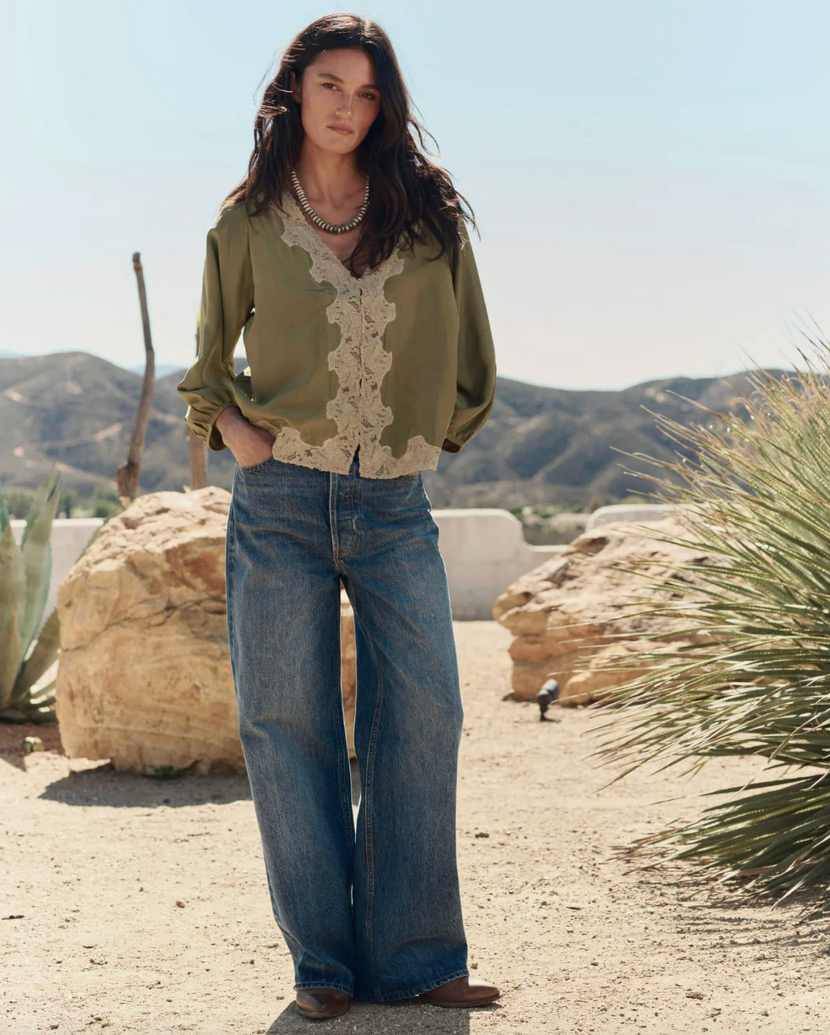 The Long Sleeve Legacy Top, Light Olive and Cream