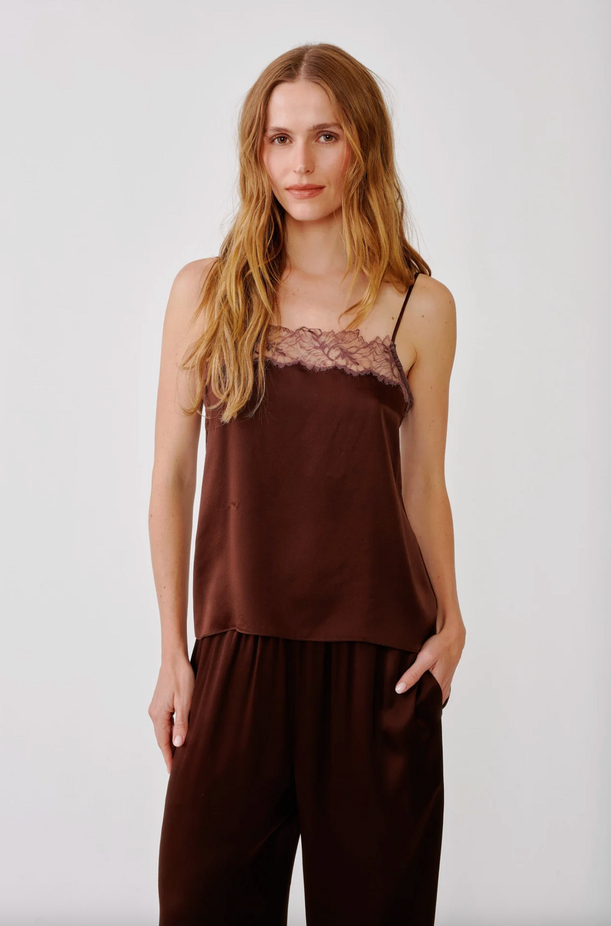Haya Lace Trim Square Neck Silk Cami, Cinnabar