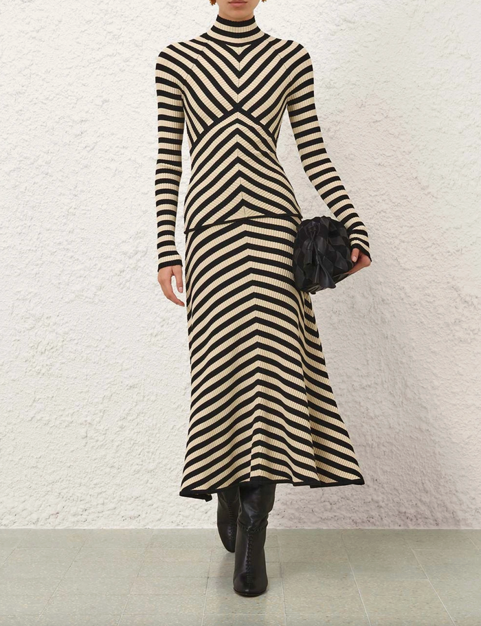 Valiant Deco Stripe Midi Skirt, Black and Cream