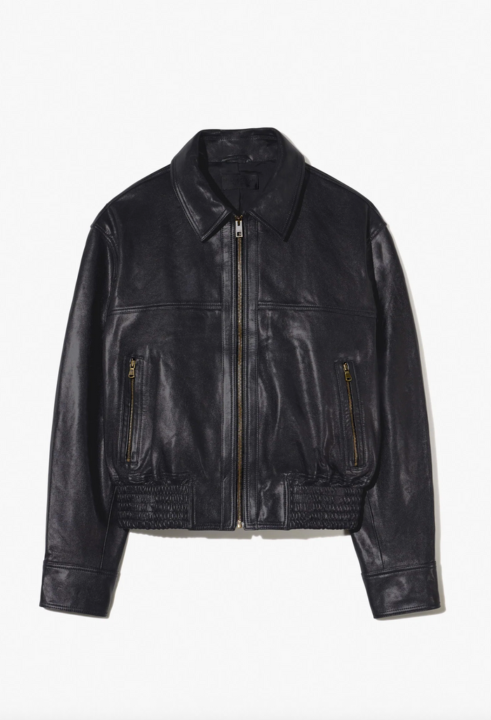 Aimee Leather Bomber Jacket, Black