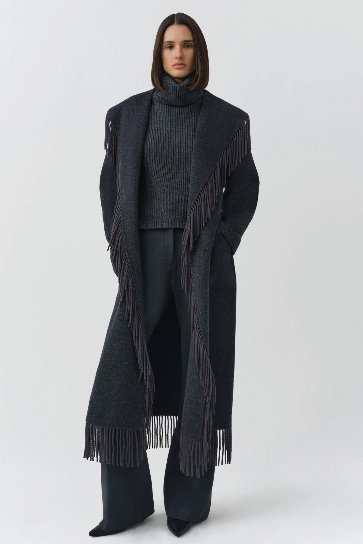 Carrie Fringe Robe Coat, Dark Charcoal