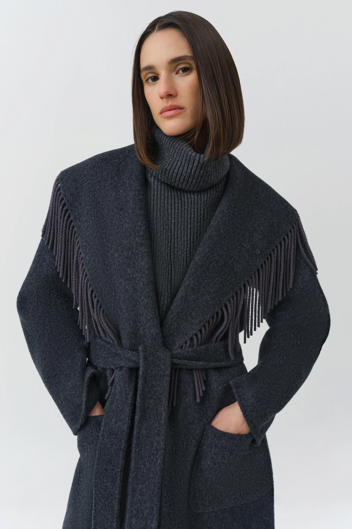 Carrie Fringe Robe Coat, Dark Charcoal