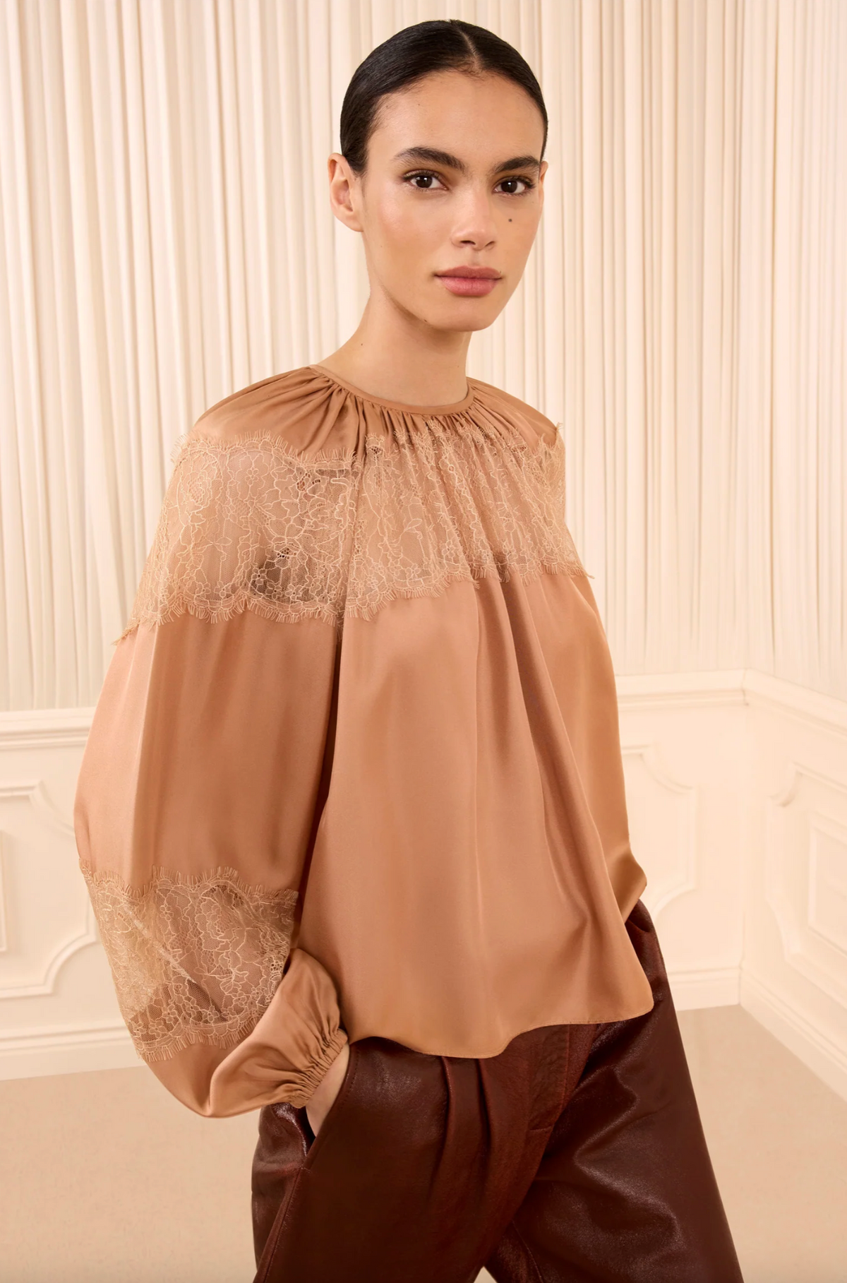 Bess Long Sleeve Silk Blouse, Macaroon