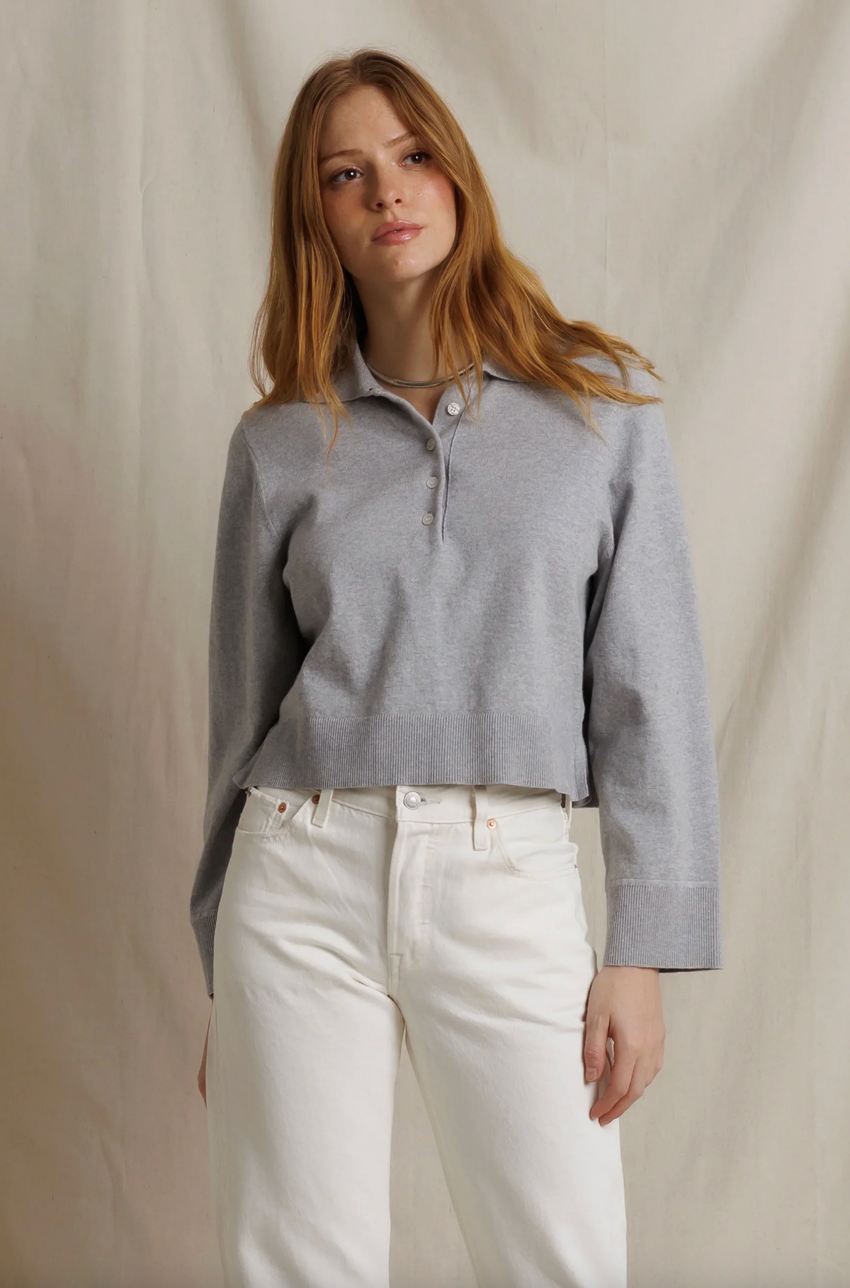 Ximena Cotton Cashmere Cropped Sweater, Heather Grey
