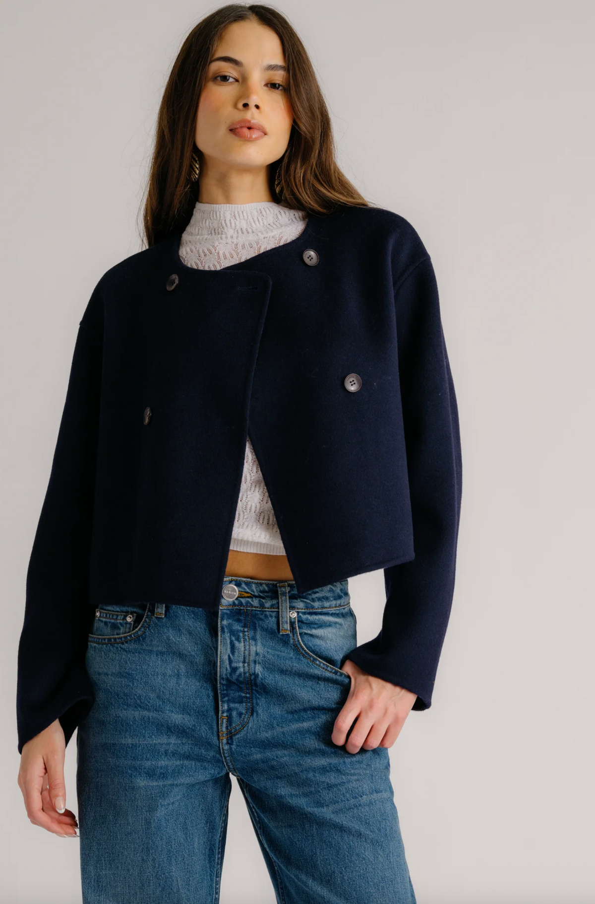 Floren Cropped Double Breasted Coat, Midnight Navy