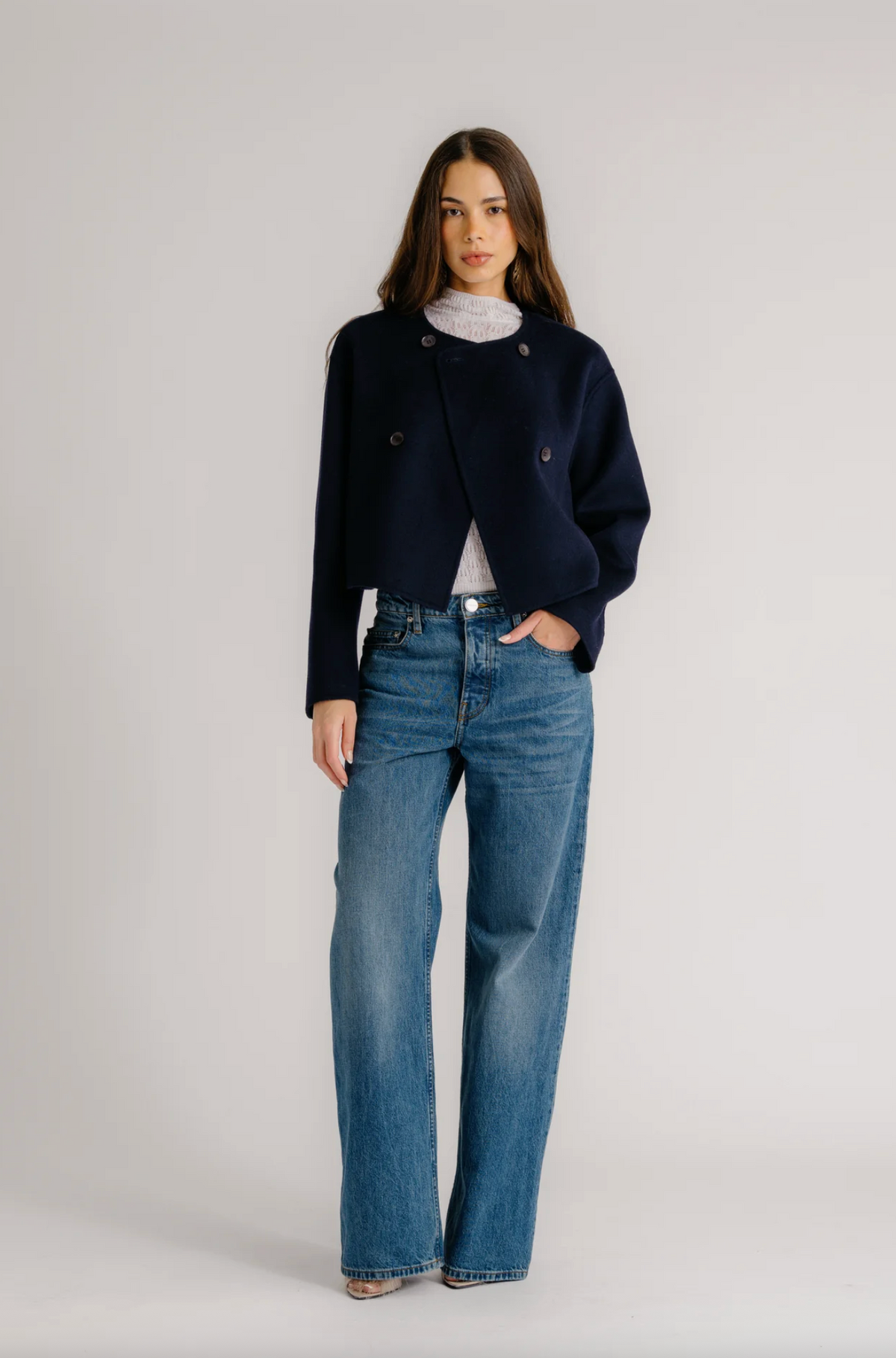Floren Cropped Double Breasted Coat, Midnight Navy