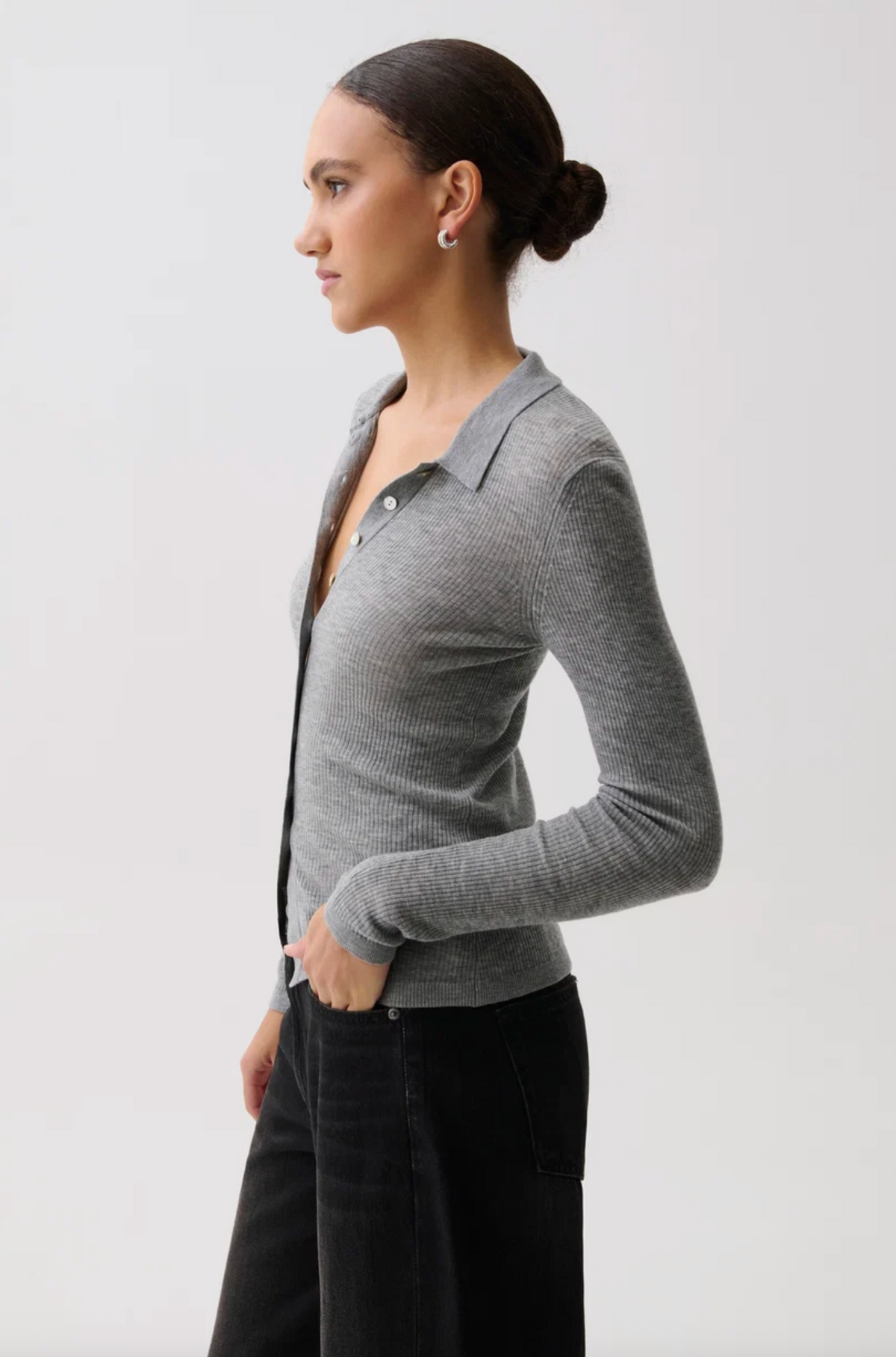 Korey Merino Blend Featherweight Rib Cardigan, Heather Charcoal