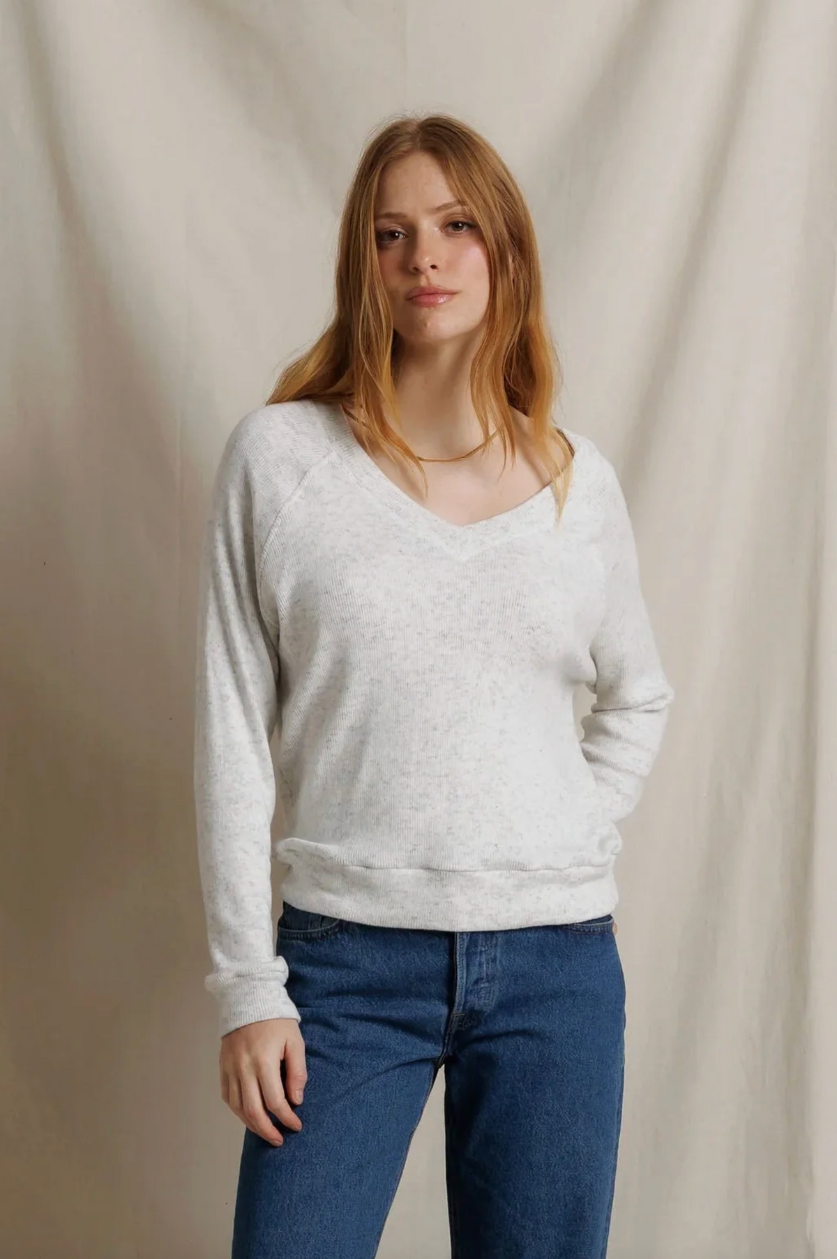 Brielle Brushed Cotton Mohair V Neck Long Sleeve, Ash