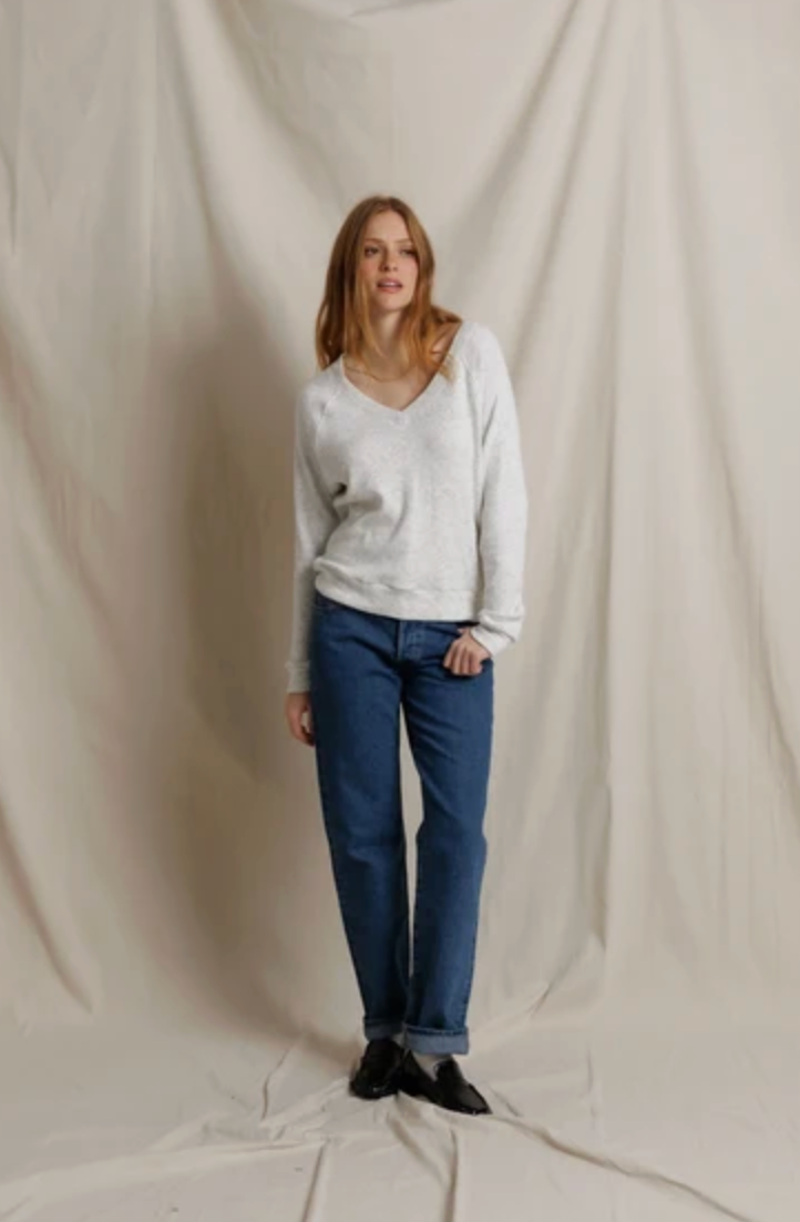 Brielle Brushed Cotton Mohair V Neck Long Sleeve, Ash