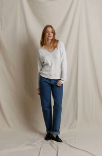 Brielle Brushed Cotton Mohair V Neck Long Sleeve, Ash