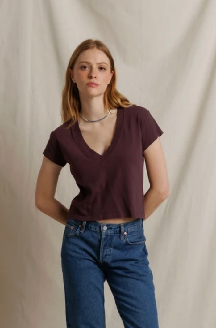 Alanis Recycled Cotton V Neck, Cherry Lacquer