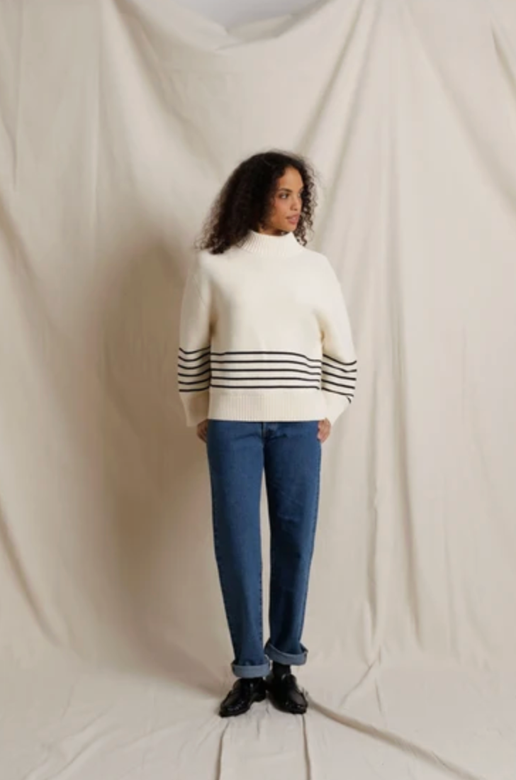 Elsie Turtleneck Sweater, Sugar Black Stripe