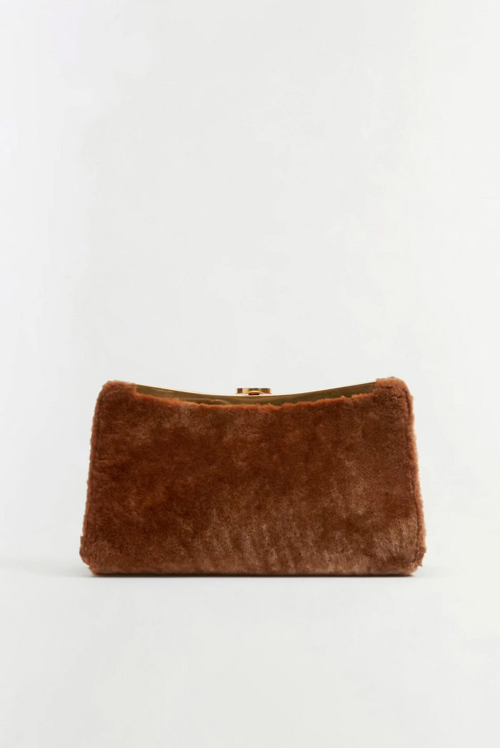 Solange Shearling Clutch, Caramel