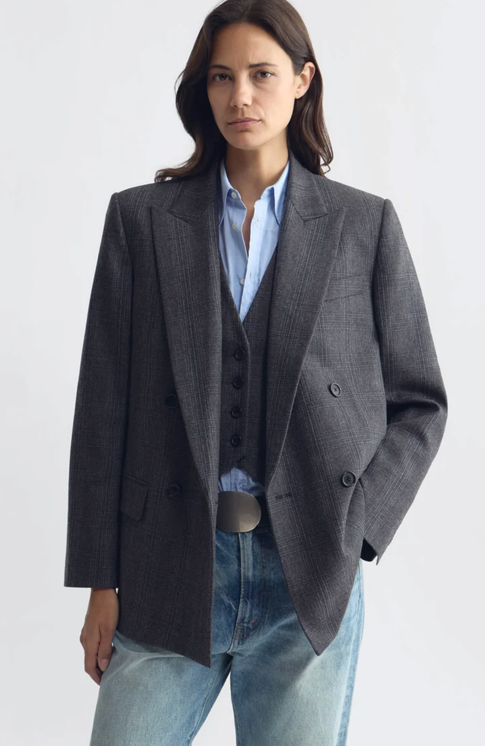 Leston Wool Blazer, Grey Blue Check