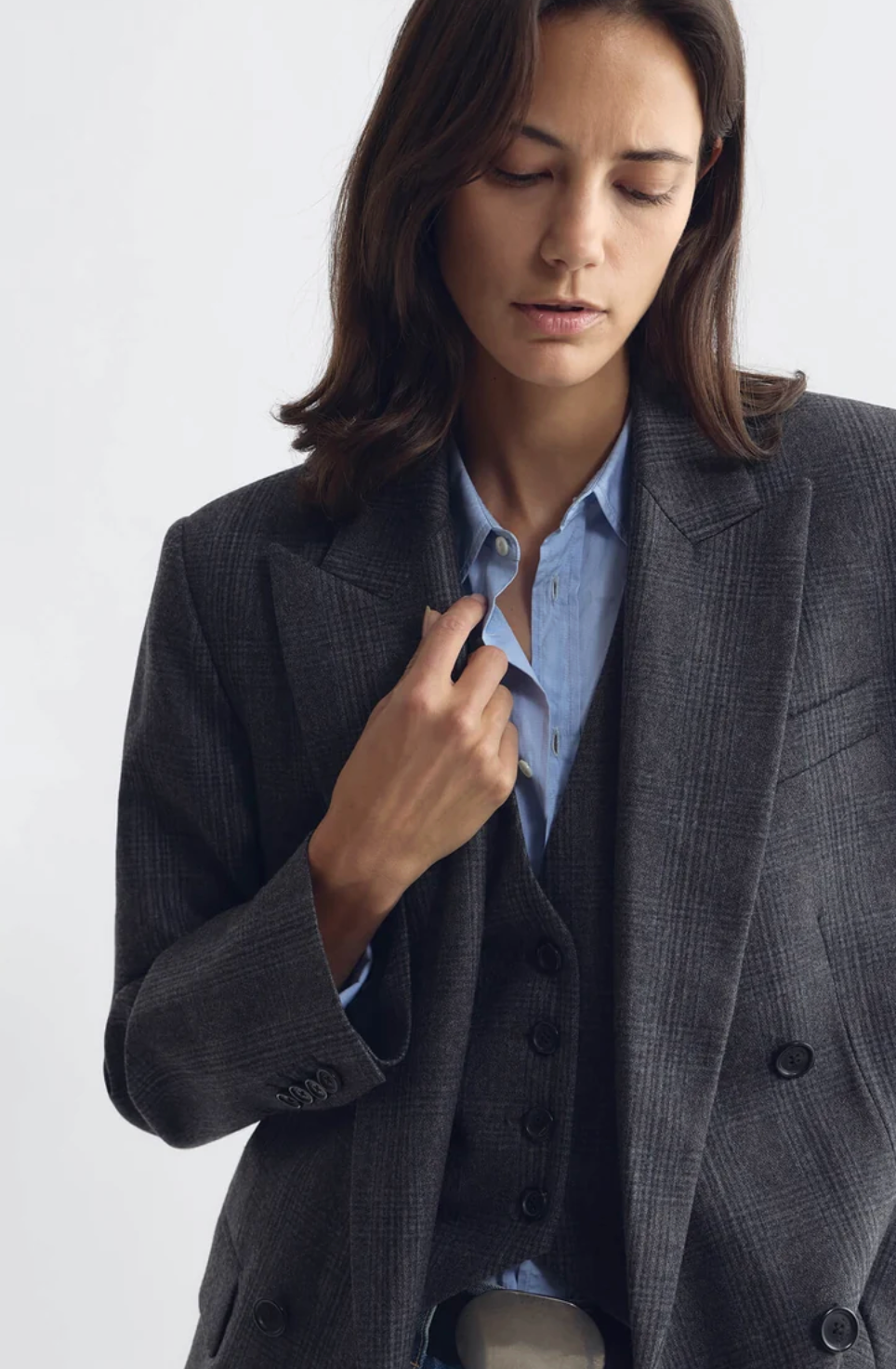 Leston Wool Blazer, Grey Blue Check